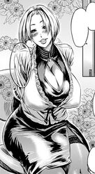 breasts cleavage comic curvaceous empty_speech_bubble huge_breasts monochrome oppai plump short_hair sitting st-retcher thick_thighs