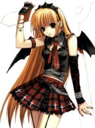 blonde_hair blue_eyes collar cross gothic long_hair miniskirt mouth_hold skirt suzuhira_hiro transparent_background wings