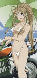 1girls belldandy bikini blue_eyes bracelet breasts brown_hair earrings erect_nipples facial_mark female forehead_mark high_res highres jewelry kusakabe_chizuko legs long_hair medium_breasts micro_bikini mizugi motor_vehicle motorcycle navel necklace oh_my_goddess! oppai outdoors photoshop ponytail pubic_hair shitapai sky smile solo swimsuit thong thong_bikini tied_hair umbrella underboob vehicle very_long_hair white_bikini