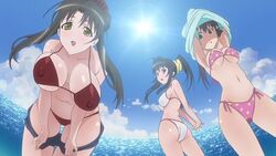 bikini black_hair breasts cap kanokon long_hair mature_female minamoto_chizuru minamoto_tamamori mizugi mother mother_and_daughter no_nose oppai ponytail screencap screenshot shirt_lift shorts shorts_pull side-tie_bikini swimsuit tamamo tied_hair yellow_eyes yukihana