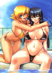 artbook bikini black_hair blonde_hair blue_eyes blush breasts cleavage duplicate erect_nipples green_eyes high_res highleg highleg_bikini highleg_swimsuit highres huge_breasts igawa_asagi igawa_sakura kagami kagami_(artist) long_hair mizugi multiple_girls nuye oppai pool scan short_hair skin_tight swimsuit taimanin_asagi wallpaper wallpaper_for_the_brave