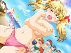 1girls akabei_soft assisted_exposure bandage beach bikini blonde_hair blurry blush breast_hold breasts closed_eyes clothes_thief covering covering_breasts crossed_arms depth_of_field directional_arrow dutch_angle embarrassed enf female female_focus game_cg humiliation male mizugi multiple_boys ocean one-piece_swimsuit open_mouth sawachika_eri school_rumble school_swimsuit school_x_school side-tie_bikini solo_focus stolen_bikini stolen_swimsuit sweatdrop swim_trunks swimsuit tears theft tied_hair topless twintails underboob wardrobe_malfunction