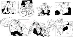 3boys belly_rub comic dialogue english_text fake_peppino goo_creature gustavo_(pizza_tower) hand_on_belly human interspecies loodles male male_only male_pregnancy monochrome monster mr._stick nervous pizza_tower pregnant protective rubbing_belly size_difference slime_boy slime_monster tentacle