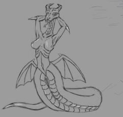 anthro apode breasts claws draconcopode drawpile female genitals horn humanoid hybrid lamia legless looking_at_viewer naga nipples nude pussy reptile scalie serpentine snake solo split_form the_dark_skull tongue tongue_out wings xenophilia