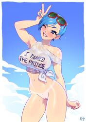 1girls absurd_res alternate_version_available blue_hair bottomless breasts bulma_briefs covered_nipples curvaceous curvy_body curvy_female dragon_ball dragon_ball_super dragon_ball_z english_text female female_only kajinman looking_at_viewer pussy shaved_pussy short_hair solo standing tanline v voluptuous voluptuous_female