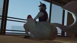 16:9 3d_(artwork) anthro anus ass balls big_balls big_butt big_penis bottomless canid canine clothed clothing crouching digital_media_(artwork) footwear fox genitals hat headgear headwear hi_res huge_balls huge_butt huge_cock huge_thighs hyper hyper_genitalia male mammal ok_bruh penis puffy_anus shoes sneakers solo source_filmmaker thick_thighs vicente_(okbruh) widescreen