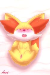 2023 2:3 agent_0730 blush canid censored censored_genitalia censored_pussy clitoris closed_eyes cute_fangs digital_media_(artwork) dipstick_tail female fennekin feral fur generation_6_pokemon genitals hi_res humanoid_genitalia humanoid_pussy inner_ear_fluff lying mammal markings mosaic_censorship multicolored_body multicolored_fur nintendo nude on_back open_mouth paws pokemon pokemon_(species) pussy quadruped red_inner_ear_fluff red_markings shaded signature snout soft_shading solo tail tail_markings tongue tuft white_body white_fur yellow_body yellow_fur