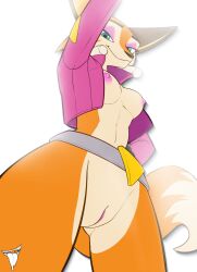 2023 anthro belt bmbrigand bottomless breasts canid canine clothed clothing dipstick_tail eyelids eyeshadow female fluffy fluffy_tail fox fur_trim genitals half-closed_eyes hi_res jacket low-angle_view makeup mammal markings meika_(rimba_racer) narrowed_eyes nipples open_clothing open_jacket open_topwear partially_clothed purple_eyeshadow pussy smile solo tail tail_markings topwear