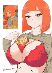 1girls absurdres alternate_breast_size blunt_bangs bob_cut bra breasts bright_pupils brown_eyes brown_sweater closed_mouth clothes_lift female food food_between_breasts food_play french_fries half-closed_eyes highres huge_breasts looking_at_viewer mcdonald's mom_(japanese_mcdonald's_commercial) orange_hair red_bra redeadman redeadman100 reference_inset short_hair smile solo sweater sweater_lift twitter_username underwear upper_body white_background white_pupils yoru_mac