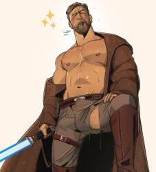 1boy 2023 abs bara barazoku beard biceps blonde_hair blush chris_sdd clothing daddy facial_hair gay hairy hairy_arms hairy_chest hi_res highres lightsaber_hilt male male_focus male_only male_pubic_hair manly muscles muscular muscular_arms muscular_male nipples obi-wan_kenobi ripped_clothing solo solo_male star_wars