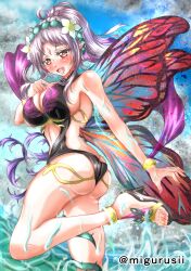 1girls alternate_costume armpits ass back backless_outfit bare_back bare_legs bare_midriff big_ass black_one-piece_swimsuit black_swimsuit breasts butt_crack cleavage fairy fairy_wings female female_only fire_emblem fire_emblem_heroes from_below grey_hair high_heels large_breasts leg_up legs long_hair looking_at_viewer looking_down midriff multicolored_hair nintendo ocean official_alternate_costume one-piece_swimsuit open_mouth outdoors plumeria_(fire_emblem) pointy_ears ponytail red_eyes sandals sideboob smile solo swimsuit veil very_long_hair violet_migu18 water wet wings