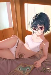 1girls artist_request big_breasts black_hair boobs breasts curvy female glasses human hunter_x_hunter large_breasts laying_down laying_on_bed nipples pale-skinned_female pale_skin panties phantom_troupe shizuku_murasaki short_hair shounen_jump solo spider_tattoo tattoo tits_out villainess white_panties wide_hips