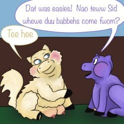 1:1 baby_talk blue_eyes crotchboob cuddlybloodily dialogue duo english_text erection female feral fluffy_pony fur genitals grass hi_res male mammal penis plant purple_body purple_fur simple_background text yellow_body yellow_fur