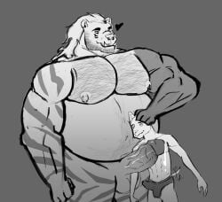 barazoku belly belly_hair bodily_fluids body_hair bulge clothing dominant felid genital_fluids girly hairy hairy_pecs hi_res leaking_precum mammal musclegut muscular overweight pantherine pecs precum shoving size_difference skinny slightly_chubby tail tail_motion tailwag tiger underwear