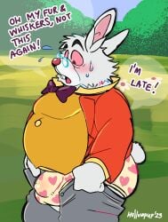 1boy absurd_res alice_in_wonderland anthro ass bottomwear bulge clothed clothing dressing grandfather grandparent hi_res hollowpup lagomorph leporid male mammal mature_male old open_bottomwear open_clothing open_pants overweight pants rabbit solo the_white_rabbit tight_pants_(meme) white_rabbit_(disney)