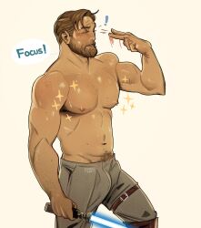 1boy 2023 abs armpit_hair bara barazoku beard biceps blonde_hair blush bulge chris_sdd daddy english_text facial_hair gay hairy hi_res highres lightsaber_hilt male male_focus male_only male_pubic_hair manly muscles muscular muscular_arms muscular_male nipples obi-wan_kenobi solo solo_male star_wars text