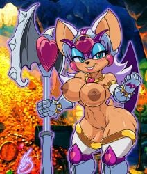 2023 anthro areola armor bare_shoulders barely_sly bat breasts clothing eyeshadow female fur genitals gloves handwear headgear helmet hi_res legwear lipstick makeup mammal mostly_nude narrowed_eyes nipples pussy rouge_the_bat sega signature smile solo sonic_(series) sonic_the_hedgehog_(series) tan_body tan_skin weapon white_body white_fur