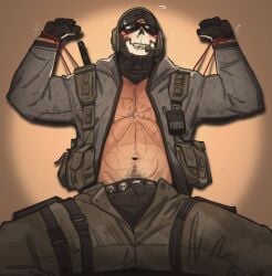 1boy 2023 abs bara barazoku biceps blush bulge call_of_duty chris_sdd clothing ghost_(modern_warfare_2) hairy_chest hi_res highres male male_focus male_only male_pubic_hair manly mask modern_warfare muscles muscular muscular_arms muscular_male nipples simon_riley skull_mask solo solo_male underwear