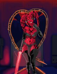 1girls alien_girl darth_talon elbow_gloves female female_only gloves grin head_tilt lightsaber red_skin sith solo star_wars star_wars:_legacy tagme tattoos thighhighs twi'lek u23art