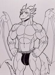 absurd_res anthro bulge clothed clothing dragon genital_outline hi_res horn jockstrap looking_at_viewer male membrane_(anatomy) membranous_wings muscular nameless00 penis_outline scalie solo topless underwear western_dragon wings