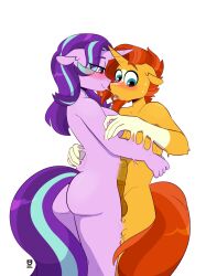 after_kiss animal_genitalia animal_penis anthro anthrofied assimilation balls blue_eyes blush breasts equid equine equine_genitalia equine_penis erection facial_hair female friendship_is_magic fur genitals goo_transformation hair hasbro hi_res horn male male/female mammal medial_ring melting my_little_pony orange_hair penis pink_body pink_fur purple_hair redxbacon starlight_glimmer sunburst_(mlp) transformation unicorn yellow_body yellow_fur