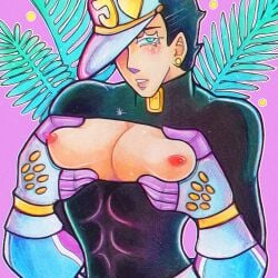 1boy bishonen diamond_is_unbreakable dilf jojo's_bizarre_adventure jotaro_kujo male male_nipples male_only man_boobs solo stand_(jjba) star_platinum