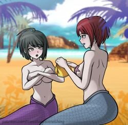 2_mermaids 2girls beach danganronpa danganronpa_2:_goodbye_despair danganronpa_ultra_despair_girls embarrassed enf female female_focus female_only hair koizumi_mahiru maryorsomething mermaid mermaid_girl mermaid_tail mermaid_transformation monster_girl naegi_komaru outdoors palm_tree png post_transformation sitting starfish_pasties straight_hair topless topless_female transformation tree water