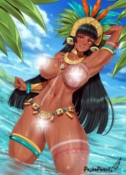 areolae armlet armpits arms_up bangs big_breasts black_hair bracelet breasts brown_eyes busty censored censored_nipples censored_pussy chel chel_(carnival) collar dark-skinned_female dark_skin dreamworks earrings female female_focus female_only headwear hourglass_figure jewelry long_hair makeup navel necklace nipple_piercing nipples nude nude_female nudity outdoors outside pashapencil piercing pinup pinup_pose pussy tagme the_road_to_el_dorado thighlet tribal tribal_markings vagina waist_chain water wet_body wide_hips