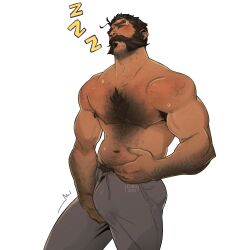 1boy 2023 abs bara barazoku beard biceps big_bulge blush bulge chris_sdd clothing daddy facial_hair gay hairy hairy_arms hairy_chest hi_res highres huge_bulge league_of_legends malcolm_graves male male_focus male_only male_pubic_hair manly muscles muscular muscular_arms muscular_male nipples riot_games solo solo_male sweat