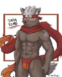 abs accessory asian_clothing brown_body brown_fur bulge burn_scar canid canine canis clothed clothing detailed_bulge domestic_dog east_asian_clothing fundoshi fur hair headband hi_res japanese_clothing lifewonders looking_at_viewer male mammal muscular muscular_male over_long red_eyes scar scarf solo tadatomo tokyo_afterschool_summoners topless underwear white_body white_fur white_hair yellow_sclera