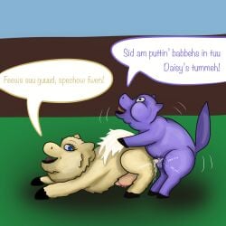 1:1 baby_talk balls blue_eyes crotchboob cuddlybloodily dialogue duo english_text erection female feral fluffy_pony fur genitals hi_res male male/female mammal penis purple_body purple_fur shadow text yellow_body yellow_fur