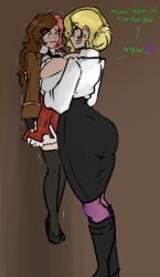 2girls against_wall clothed clothing female female/female fully_clothed glynda_goodwitch how_to_talk_to_short_people huge_breasts human jakearmorsmith larger_female lesbian light-skinned_female light_skin mommy mommy_kink neo_(rwby) pantyhose pinned_to_wall rwby size_difference smaller_female standing text thighhighs