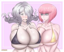 afimaki ando_ruruka bikini bikini_top blush breasts danganronpa danganronpa_3 huge_breasts kimura_seiko large_breasts skimpy_bikini skimpy_clothes squished_breasts straight_hair tight_clothing