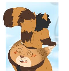 2023 ambiguous_gender animate_inanimate anthro balls black_hair breasts brown_body brown_fur digital_media_(artwork) duo fur genitals gynomorph hair inanimate_transformation intersex mammal open_mouth procyonid raccoon rear_view robertge spiral_eyes transformation