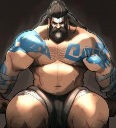 1boy 2022 abs bara barazoku beard biceps blush bulge chris_sdd clothing facial_hair gay hairy hairy_arms hairy_chest hi_res highres league_of_legends male male_focus male_only male_pubic_hair manly muscles muscular muscular_arms muscular_legs muscular_male muscular_thighs nipples riot_games solo solo_male tattoo udyr