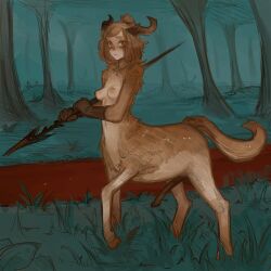 1:1 anthro bovid breasts brown_body brown_fur brown_hair caprine erection flared_penis fur genitals gynomorph hair hooves horn intersex lance_(weapon) looking_at_viewer mammal melee_weapon multicolored_body multicolored_fur nipples nude orange_eyes penis polearm side_view solo syvaron taur two_tone_body two_tone_fur weapon