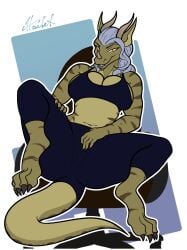 2023 anthro bedroom_eyes bra breasts claws clothed clothing curvy_figure eyebrows eyelashes fan_character fangs haibet hair half-closed_eyes hi_res horn narrowed_eyes reptile scalie seductive smile spreading tail teeth thick_thighs