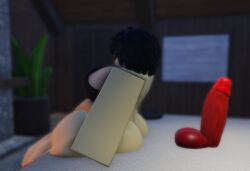 1girls 3d artist_request black_bra black_hair dildo large_thighs red_dildo roblox robloxian short_hair source_request tagme toy