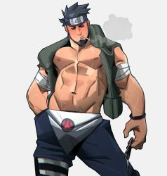 1boy 2022 abs bara barazoku beard biceps blush chris_sdd clothing facial_hair gay hairy hairy_chest hi_res highres male male_focus male_only male_pubic_hair manly muscles muscular muscular_arms muscular_male naruto naruto_(series) nipples sarutobi_asuma solo solo_male