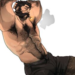 1boy 2022 abs armpit_hair bara barazoku beard biceps blush chris_sdd clothing facial_hair gay graves_(league_of_legends) hairy hairy_arms hairy_chest hi_res highres league_of_legends male male_focus male_only male_pubic_hair manly muscles muscular muscular_arms muscular_male nipples riot_games solo solo_male