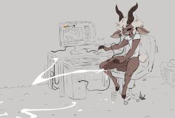 absurd_res anthro balls bedroom_eyes big_penis black_sclera bodily_fluids boner bottomless bottomless_anthro bottomless_male bovid brown_body brown_fur caprine chair clenched_teeth clothed clothing computer computer_keyboard computer_monitor cum cumshot curved_horn dripping dullvivid earbuds ejaculation erection eyes_rolling_back fur furniture genital_fluids genitals girly goat grey_background hair half-closed_eyes headphones hi_res hooves horn huge_cock humanoid_genitalia humanoid_penis humor looking_at_porn looking_pleasured male male_only mammal masturbation narrowed_eyes nel_(dullvivid) office_chair one_eye_closed orgasm penile penile_masturbation penis pornography satyr seductive shirt simple_background solo sound_effects speech_bubble t-shirt teeth text topwear vein veiny_penis white_body white_fur white_hair