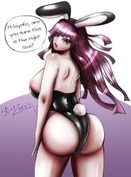 ass behind_view breasts bunny_ears bunny_girl bunny_tail bunnysuit danganronpa danganronpa_2:_goodbye_despair dialogue exposed_breasts female_only large_ass large_breasts skimpy_clothes spicezeros straight_hair super_danganronpa_2 thick_ass tight_clothing tsumiki_mikan