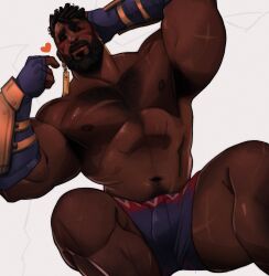 1boy 2022 abs arm_behind_head bara barazoku biceps blush bulge chris_sdd clothing dark-skinned_male dark_skin gay hairy_chest hi_res highres k'sante league_of_legends male male_focus male_only male_pubic_hair manly muscles muscular muscular_arms muscular_legs muscular_male muscular_thighs nipples riot_games scars_all_over solo solo_male