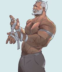 1boy 2022 abs activision bara barazoku beard biceps blush bulge chris_sdd clothing facial_hair gay hairy hairy_arms hairy_chest hi_res highres jack_morrison male male_focus male_only male_pubic_hair manly muscles muscular muscular_arms muscular_male nipples overwatch overwatch_2 scar soldier_76 solo solo_male white_beard white_hair