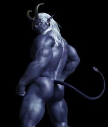 ass back_muscles blue_body butt_focus demon demon_humanoid glowing glowing_eyes hair horn horned_humanoid humanoid humanoid_pointy_ears long_ears long_hair male male_only muscular muscular_humanoid muscular_male nude presenting presenting_hindquarters rear_view silverjay solo white_hair