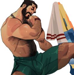 1boy 2022 abs bara barazoku beard biceps blush chris_sdd clothing daddy facial_hair gay graves_(league_of_legends) hairy hairy_arms hairy_chest hi_res highres league_of_legends male male_focus male_only male_pubic_hair manly muscles muscular muscular_arms muscular_male nipples pool_party_graves pool_party_series riot_games solo solo_male