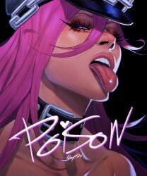 1female artist_request choker close-up color digital_drawing_(artwork) eyelashes face_focus female female_only final_fight front_view glowing_eyes hat long_eyelashes long_hair looking_at_viewer pink_hair poison_(final_fight) shoulders solo street_fighter teeth tongue tongue_out tongue_piercing