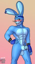 absurd_res accessory anthro blue_body blue_fur blush bodily_fluids bracelet cum cum_drip dripping ear_piercing ear_ring five_nights_at_freddy's five_nights_at_freddy's:_security_breach fur genital_fluids genitals glamrock_bonnie_(fnaf) headband hi_res jewelry kyot069 kyot092 lagomorph leporid male male_only mammal nude penis piercing rabbit red_eyes ring_piercing scottgames security_breach:_ruin solo spiked_bracelet spikes steel_wool_studios whiskers