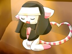 2023 4:3 anthro black_clothing closed_eyes clothing domestic_cat felid feline felis female fur genitals hi_res kneeling linda_(mail_de_cute) mail_de_cute mammal nun nun_outfit open_mouth pink_stripes pussy solo stripes tail thepinkpandacat white_body white_fur