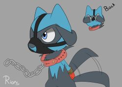 anthro arms_tied bondage bound collar cuff_(restraint) fan_character generation_4_pokemon handcuffed handcuffs hi_res male metal_cuffs muzzle_(object) muzzled nintendo pokemon pokemon_(species) restraints riolu rioni solo submissive tail tail_motion tailwag zorio